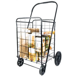 ATH Large Deluxe Rolling Utility / Shopping Cart - Stowable Folding Heavy Duty Cart with Rubber Wheels For Haul Laundry, Groceries, Toys, Sports Equipment, Black