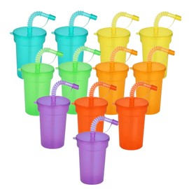 Pack of 12 Cups Party Cups Drinking Cups with Lid and Straws 380 ml Plastic Cups Reusable Cups Neon Sipper Cups for Iced Coffee Cold Drinking Smoothie