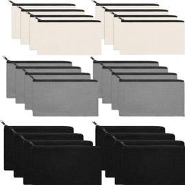 24 Pack Canvas Makeup Bags DIY Craft Blank Zipper Bulk Multipurpose Cosmetic Travel Toiletry Bag (Black, Gray, and White)