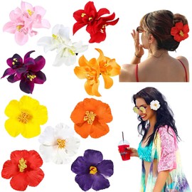 BelleVive 10 Pieces Hawaiian Flower Hair Clips Plumeria Hibiscus Hair Clips Artificial Flower Clips Tropical Artificial Flower Hairpins Hair Accessories for Holiday Party Beach, multicoloured, L