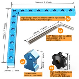 90 Degrees Positioning Squares, Right Angle Squares with 4 Clamps, Aluminium Alloy L-Type Corner Clamp Woodworking Clamping Tool for Picture Frames, Boxes, Cabinets (7.87in)