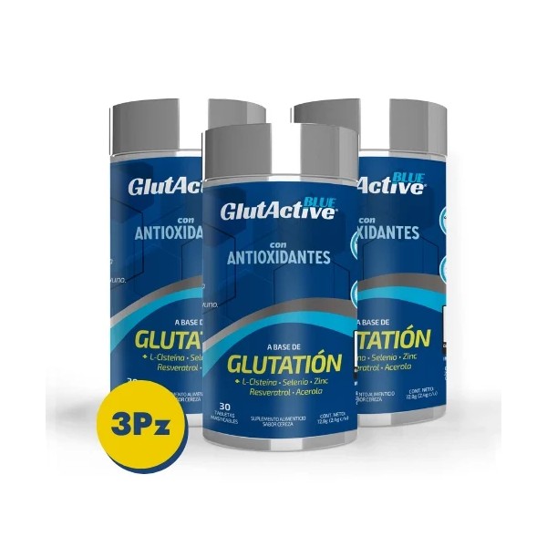 Glutactive Blue: Suplemento Con Glutatión, L-Cisteína, Antioxidantes Con 30 Tabletas Masticables Pack 3