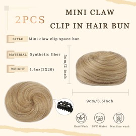 Space Bun Hair Pieces,2PCS Mini Claw Clip in Hair Bun Hair Scrunchies Messy Cat Ears Hair Bun Extension Synthetic Scrunchies Wig Accessory Updo Hairpieces for Women (Dark Blonde Mix Bleach Blonde)