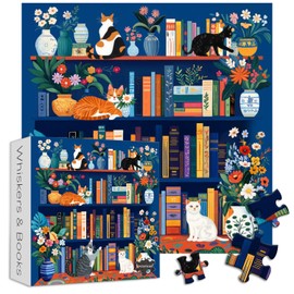 Cat Book Puzzles for Adults 1000 Pieces, PICKFORU Wildflower Pages Jigsaw Puzzle Bookshelf Library, Impossible Hard Floral Vase Theme for Book Lover