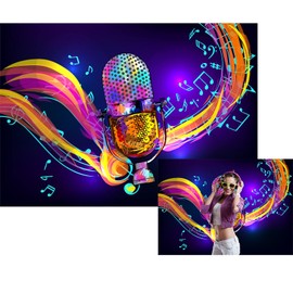 Loccor Music Backdrop Fabric 7x5ft Rainbow Microphone Backdrop for Karaoke Party Decorations Music Notation Photography Background Music Theme Party Birthday Supplies Concert Stage Banner Studio Props