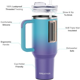 Greatyos 40 oz Tumbler with Handle and Straw Lid Insulated Tumblers Cups with Lids Straws Double Wall Vacuum Stainless Steel 40oz Tumbler Travel Mug Gifts for Men Women Him Her (Ocean Dream)