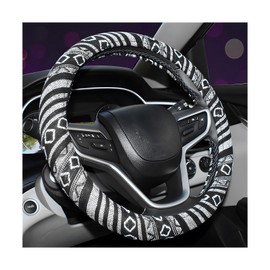 povtii Boho Steering Wheel Cover, 15.0"×15.0" Anti-Slip Baja Blanket Ethnic Steering Wheel Protector, Breathable Flax Cloth Elastic Bohemian Steering Wheel Cover, Car Accessories (Style E)