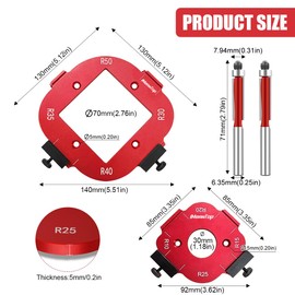 IMeanTop Router Corner Radius Template with 2 Trim Bit Aluminum Alloy Radius Jig Router Templates for Woodworking Router Corner Jig R10/R15/R20/R25/R30/R35/R40/R50 Use with Router Table