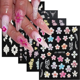 Fcozpjk Flowers Nail Stickers 4 Sheets 5D Embossed Floral Nail Decals, Summer Neon Nail Design, 3D Acrylic Engraved Hibiscus Flowers Rose Butterfly Stickers for Nail Art Pegatinas Uñas
