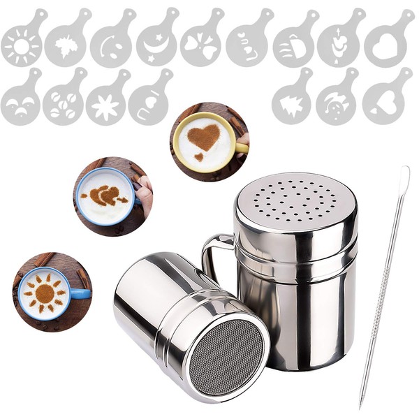 JUNRU 2 Pack Chocolate Shaker Dusters Stainless Steel Mesh Shaker Powder Shaker for Icing Sugar Powder Cocoa Cappuccino with 16 Coffee Stencils 1 Coffee Art Pull Pin, for Kitchen, Drinks & Baking