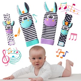 Baby Wrist Rattle & Foot Finder Socks 4Pcs, Newborn Sensory Learning Toys for 0-3-6-12 Months, JOMWEN Hand Bracelet Foot Rattle, Tummy Time Toy Gift for Boy Girl - Purple Donkey