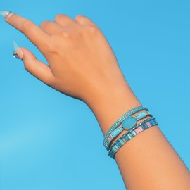 FANCY SHINY Leather Wrap Bracelet Boho Cuff Bracelets Crystal Bead Bracelet with Magnetic Clasp Jewelry Gifts for Women(7.7", Boho Blue)