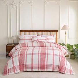 Sophia & William Cotton Comforter Cover Set King Size, Waffle Weave White Duvet Cover Set 3 Piece, White + Red