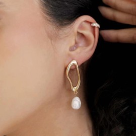Ettika Pearl Earrings. Gold Earrings for Women. Open Circle Dangle Freshwater Pearl 18k Gold Plated Earrings. Birthday Gifts For Women