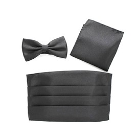 Miaomiao Cummerbund Bow Tie, Square, Set of 3, Black, Gentleman, Men's, Tuxedo, Wedding, Waiter, Bartender, Black