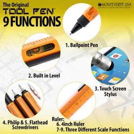 Monteverde USA 9-in-1 Tool Ballpoint Pen in Orange – Multifunctional Pen with Stylus, Screwdrivers, Level, and Ruler – Exclusive Collection, Ideal Gift for DIY Enthusiasts