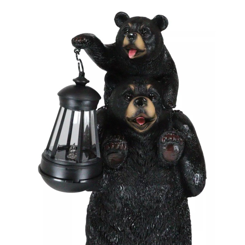 Rustic Black Bear Carrying Cub On Shoulder Statue Solar LED
