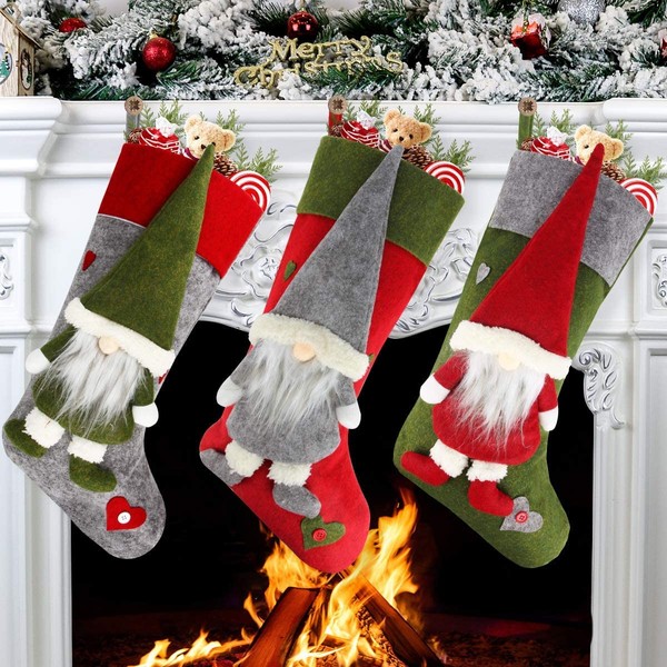 KAHEIGN 3Pcs Christmas Stocking, 46CM Large Xmas Stocking Candy Gift Hanging Socks with Cute 3D Plush Swedish Gnome for Fireplace Xmas Tree Holiday Christmas Party Decoration (3 Colors)