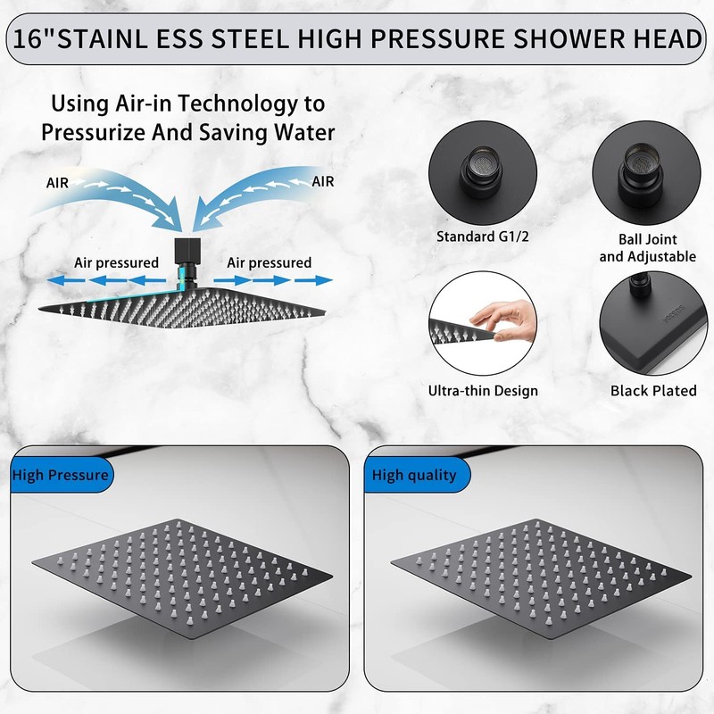 Rain Shower Head Black with Extension Arm 16 Inch Square