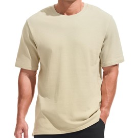 VEIISAR Men's Heavy Weight Crew Neck 100 Cotton Pique Thick T-Shirt（T65ZD Beige S）