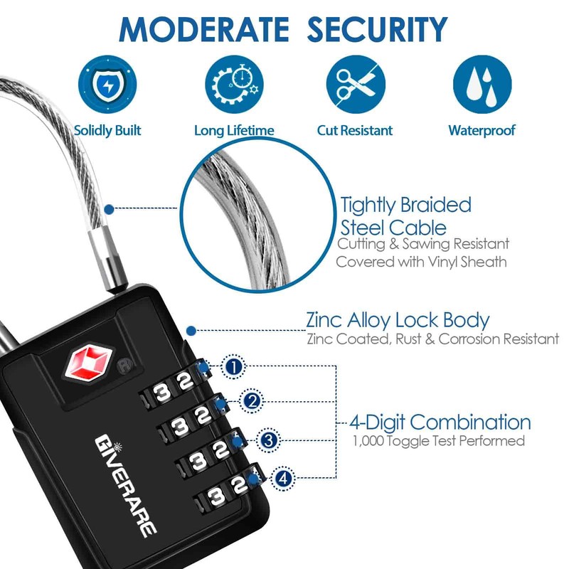 2 Pack TSA Approved Travel Luggage Locks 4-Digit, Metal Cable