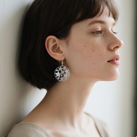 Watforsh Large Silver Star Dangle Earrings for women Big Disc Circle Disco Earrings Lightweight Celestial Jewelry