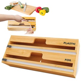 TLBB Aluminium Foil Dispenser for Bamboo Wood Packaging, 2 in 1 with Cutter, Reusable Box for Kitchen Storage Organiser (Two Holes)