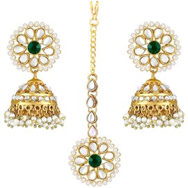 Aheli Kundan Pearl Jhumki Earrings with Maang Tikka Indian Traditional Bollywood Fashion Jewelry Set for Women