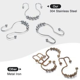 Goowin Shower Curtain Hooks, 12 Pcs Shower Curtain Rings, Stainless Steel Roller Rust-Resistant Balance Sliding Anti-Drop Double Shower Hooks for Curtain Bathroom Shower Curtains (Chrome)