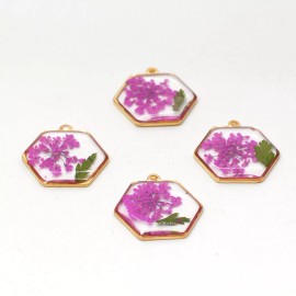 6PCS Gold Tone Queen Anne's Lace Flower Resin Hexagon Charm Pendant GYX803