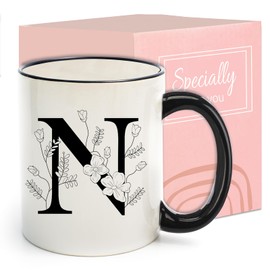 Monogram Ceramic Coffee Mugs, 11 oz Initial Drinking Cup with Gift Box, Unique Birthday Christmas Gifts for Women Wife Mothers Day Grandma Mom Aunt, N