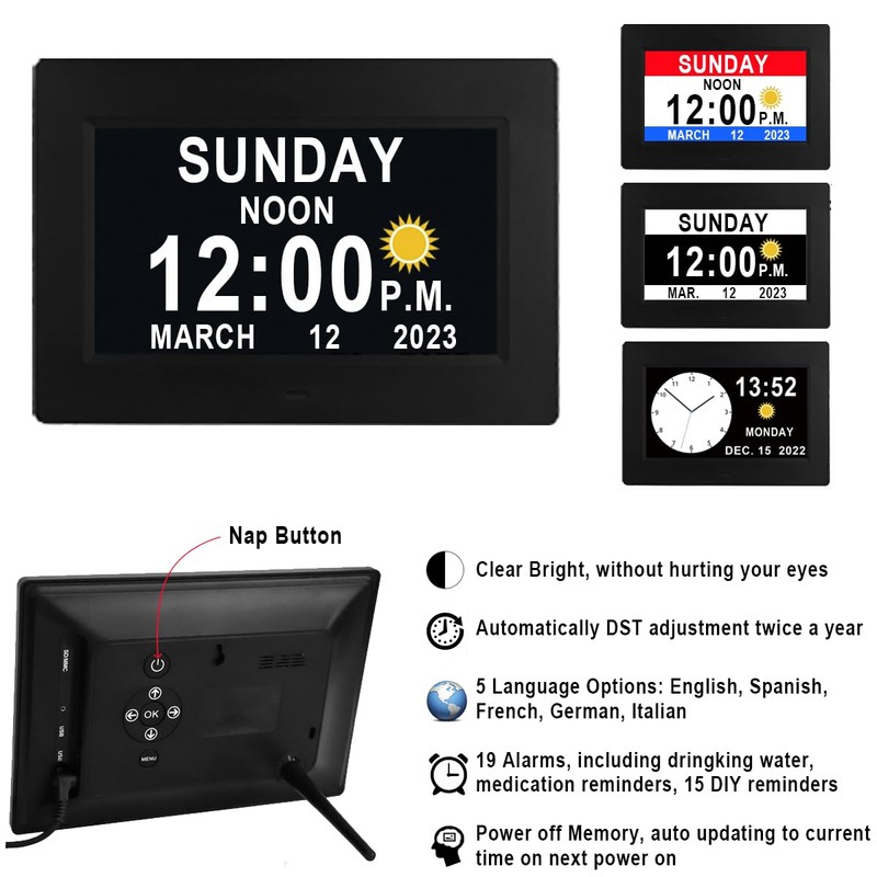 MASSII 8 Inch Large Dementia Clock 19 Alarms with Auto