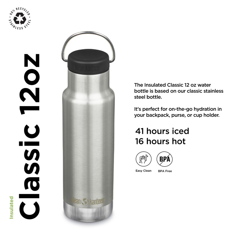 Insulated Classic Slim 12oz (With Loop Cap) Brushed Stainless Steel