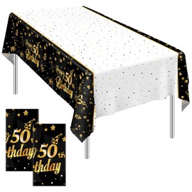 Ruisita 2 Pack Black Gold Table Cloth Cover Happy 50th Birthday Tablecloth Party Tablecloths Rectangular Table Cloth Cover for Indoor or Outdoor Parties Birthdays