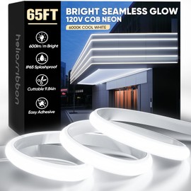 HeliosRibbon COB Led Neon Rope Lights 65ft 6000K Cool White, 110-120V Outdoor Waterproof Lighting Strip 600lm/m Super Bright, Cuttable and Adhesive, for Roof Bedroom Garden Commercial