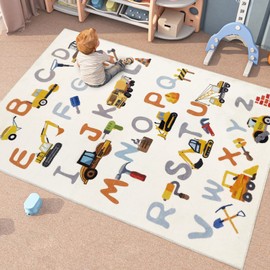 Abeigoi Kids ABC Rug 4x6Ft Large Construction Vehicle Play Mat Rug Pad Boys Bedroom Nursery Carpet Digger Playtime Alphabet Rug Truck Child Letter Rug Soft Engineering Playroom Rug, Easy Washable Rug