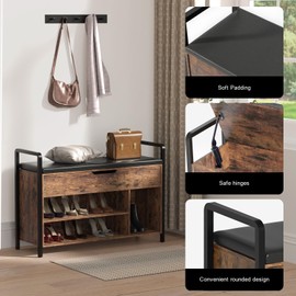 EasyCom Wooden Shoe Cabinet with Cushion- Shoe Bench with armrests and Storage- Multifunctional Shoe Storage for Entryway Bedroom Living Room, Rustic Brown