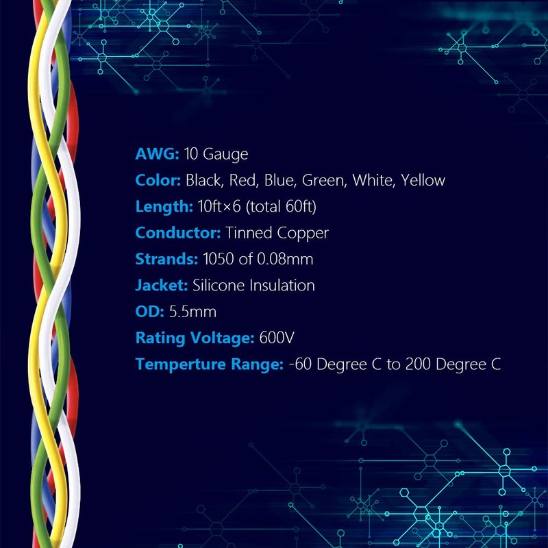 Fermerry 10 AWG Stranded Wire Spool 10ft Each 6 Colors
