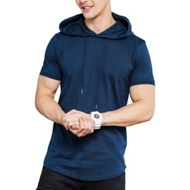 Klizzer Luxury Hoodie For Men - 100% Cotton Short Sleeve Hooded T-Shirts - Lightweight Cool Muscle Tees Pullover, Navy Blue - 2XL