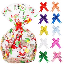 DIYASY 10PCS Christmas Basket Bags, Large Christmas Basket Cellophane Bags with 10 PCS Colorful Pull Bow for Gifts Baskets Christmas Party Favor Supplies (35.4X23.6 Inches)
