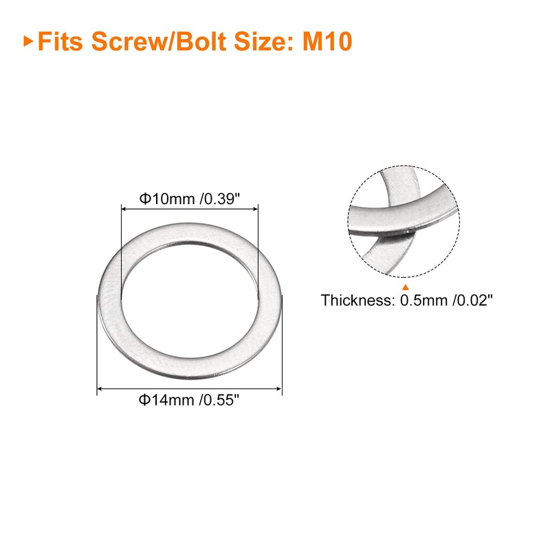 sourcing map M10 304 Stainless Steel Flat Washers, 50pcs 10x14x0.5mm