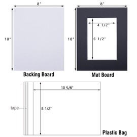 Acid Free 8x10 Pre-Cut Picture Mat Board Kit for 5x7 Photo, Includes 25 Black Core Bevel Cut Mattes, 25 Backing Boards, 25 Crystal Clear Bags