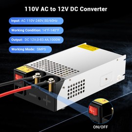 Yaheeda 1000W Converter, 110V AC to 12V DC Converter Power SupplyMax Current 83A DC Switch Transformer for RV,Pump,LED Strip, LCD Monitor