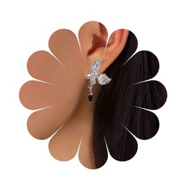 Aneneiceera Boho Butterfly Stud Earrings Onyx Drop Earrings Silver Butterfly CZ Earrings Tiny Black Gemstone Dangle Earrings Jewellery for Women and Girls, Metal