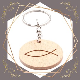 Festland DESIGN® Round Wooden Key Ring with Engraving Fish as Lucky Charm Christening Exam Gift for Friends Family Partner Key Pendant, brown