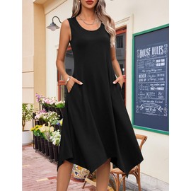 HOTOUCH Boho Midi Dresses for Women 2025 Petite Floral Summer Dress O Neck Sleeveless Tank T Shirt Dress Holiday Vocation Beach Sundress Black L
