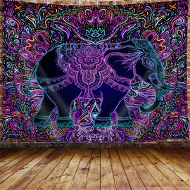 Ptrxobj Mandala Elephant Tapestry, Trippy Purple Bohemian Boho Animal Indian Tapestry Wall Hanging for Bedroom, Hippie Tapestries Poster Blanket College Dorm Home Decor 60X40inches