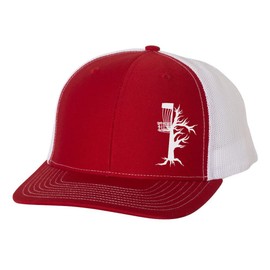 Trenz Shirt Company Disk Golf Tree Branch Chain Golfer Mens Embroidered Mesh Back Trucker Hat, Red/White