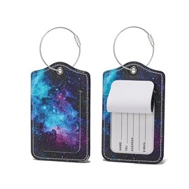 2 Pack PU Leather Luggage Tags for Suitcases with Privacy Shield and Name ID Tag Address Card and Stainless Steel Loop for Baggage Tag for Cruise Airport Travel Essentials (Galaxy)