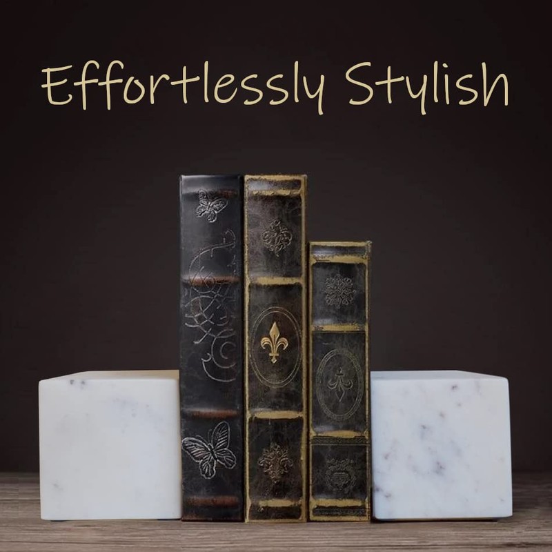 Marble Bookends Handcrafted Heavy Marble Cube Square Bookshelf Decor Set